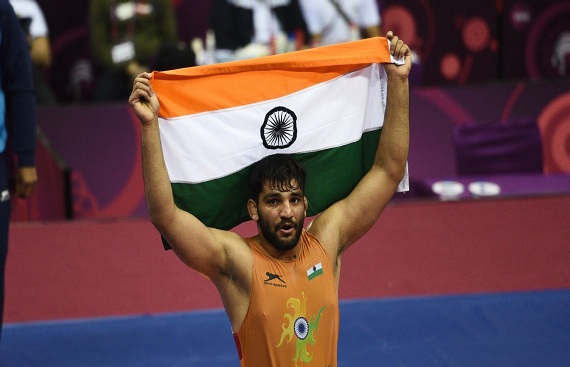 Indian wrestler Sunil Kumar advances to the 87 kg semifinals in the Greco-Roman division