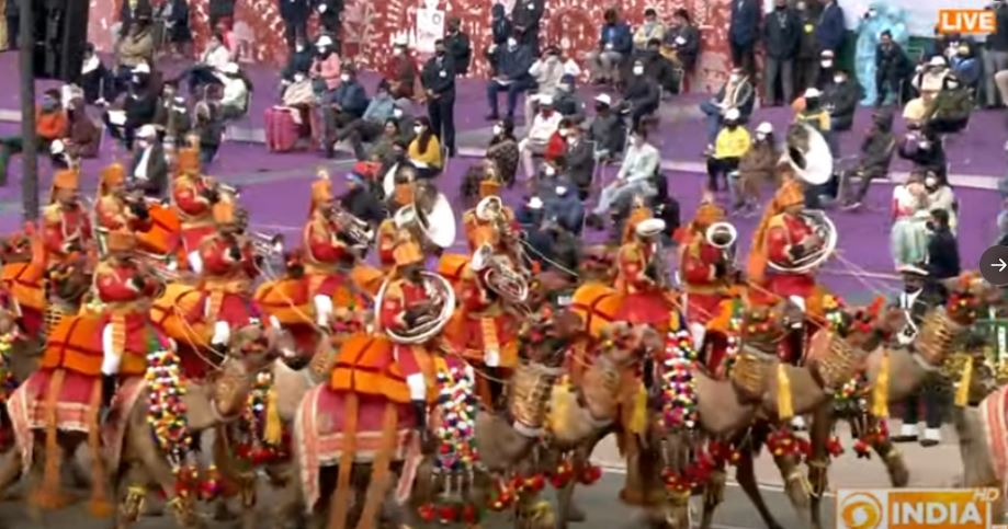 The Camel-mounted band of the Border Security Force at the 73rd Republic Day at Rajpath