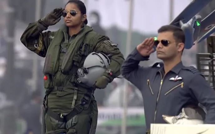 The first woman fighter pilot on the Rafale combat aircraft, Flight Lieutenant Shivangi Singh at the Indian Air Force (IAF) tableau today